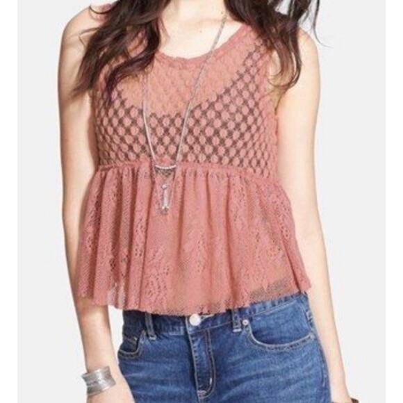 Free People Rustic Pink Lace Ruffle Sleeveless Crop Tank Top Sz S Sheer - Picture 2 of 8